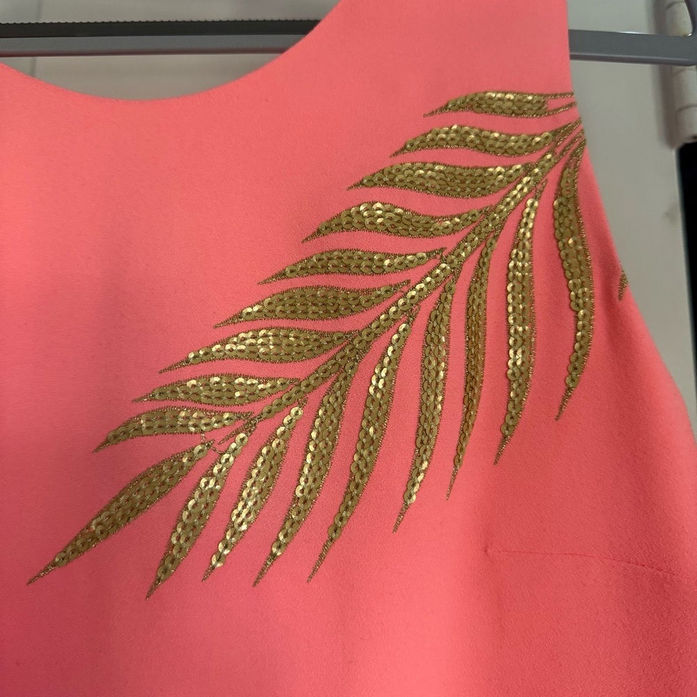 Lilly Pulitzer Coral Pink Gold Palm Leaf Shift Dress- Size XS - Picture 2 of 7